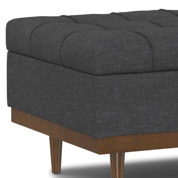 34 Inch Tufted Storage Ottoman in Slate Gray Walnut Base for Living Room Use