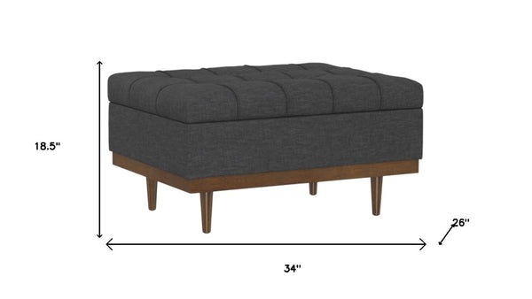 34 Inch Tufted Storage Ottoman in Slate Gray Walnut Base for Living Room Use