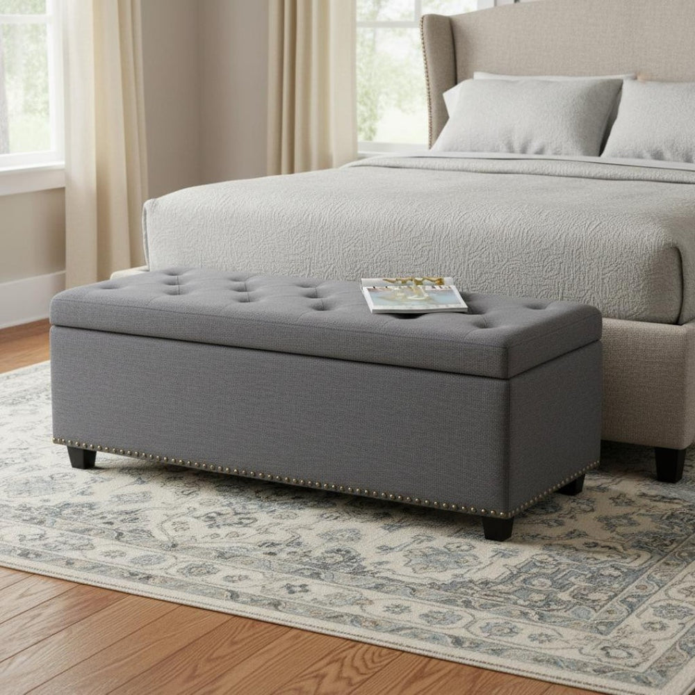 HomeRoots 48" Stylish Dark Brown and Slate Gray Upholstered Storage Ottoman for Versatile Living Room Use 640242