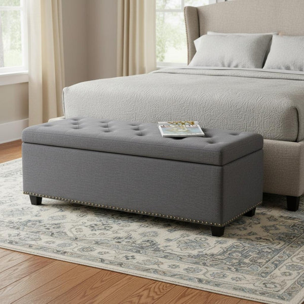HomeRoots 48" Stylish Dark Brown and Slate Gray Upholstered Storage Ottoman for Versatile Living Room Use 640242