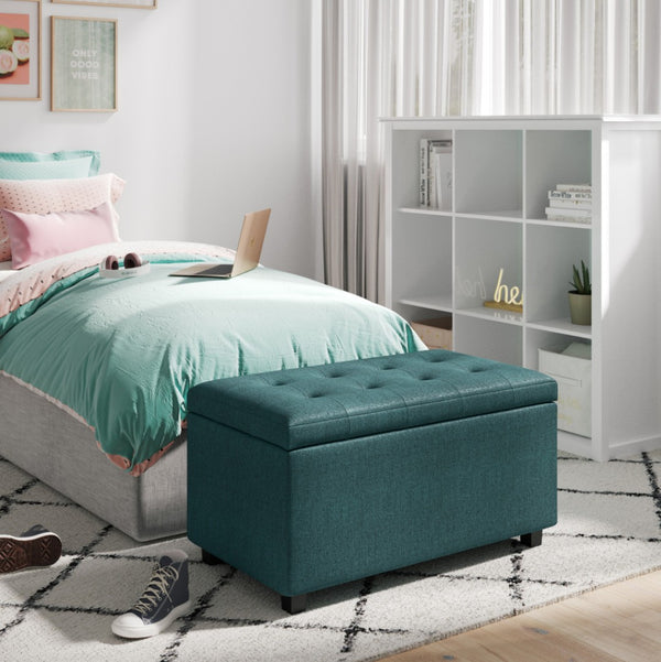 HomeRoots 34" Stylish Dark Brown & Teal Upholstered Storage Ottoman - Versatile Seating & Hidden Storage Solution 640246