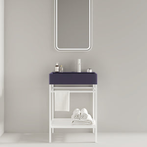 English Elm LOFI Ceramic Integrated Bathroom Vanity 24" with Rectangular Basin, Open Metal Shelf, Easy Clean White+Purple W2615S00052