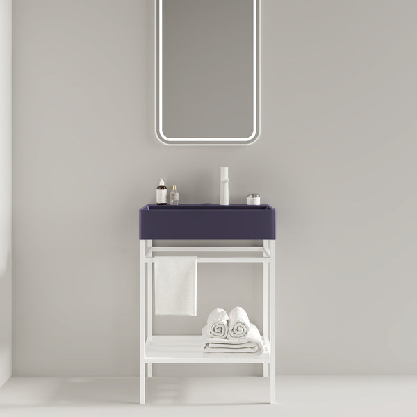 English Elm LOFI Ceramic Integrated Bathroom Vanity 24" with Rectangular Basin, Open Metal Shelf, Easy Clean White+Purple W2615S00052