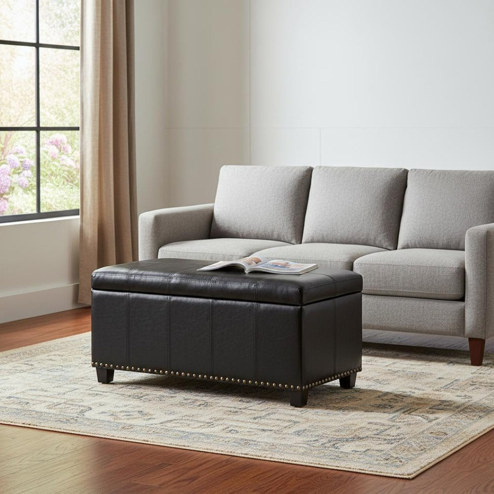 HomeRoots 33" Espresso and Black Upholstery Storage Ottoman - Stylish, Multi-Functional Seating with Hidden Space 640250