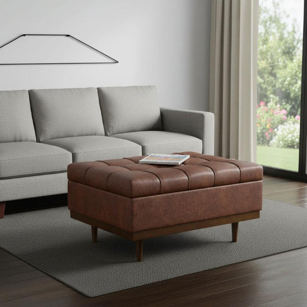 34 Inch Tufted Storage Ottoman Walnut Base Stylish Living Room Accent Piece
