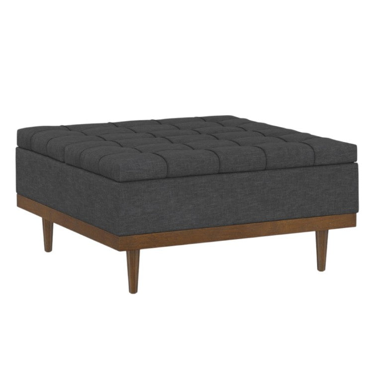 HomeRoots 36 Inch Round Tufted Storage Ottoman Upholstered Cocktail Footrest for Living Room Accent Slate Gray And Walnut 640254
