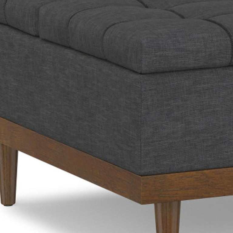 HomeRoots 36 Inch Round Tufted Storage Ottoman Upholstered Cocktail Footrest for Living Room Accent Slate Gray And Walnut 640254