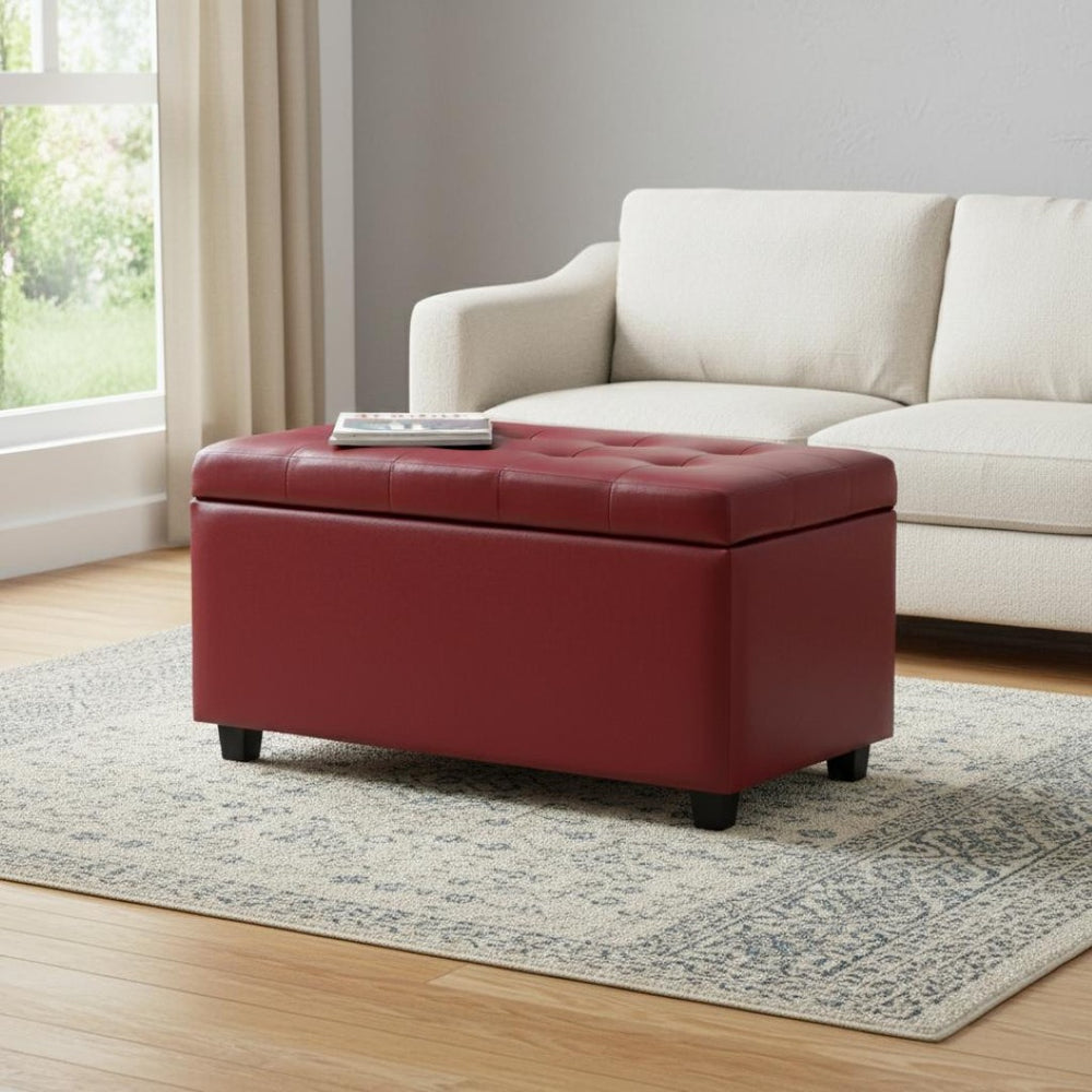 HomeRoots 34" Dark Brown & Red Upholstery Storage Ottoman - Stylish Multi-Use Footrest & Hidden Storage Solution 640259