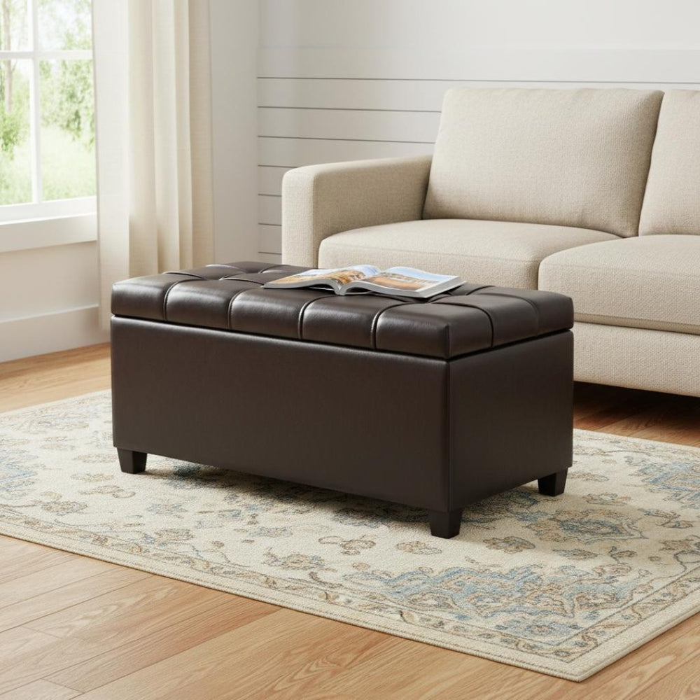 HomeRoots 33" Upholstered Storage Ottoman with Espresso and Brown Finish – Stylish, Multi-Functional Seating Solution 640260