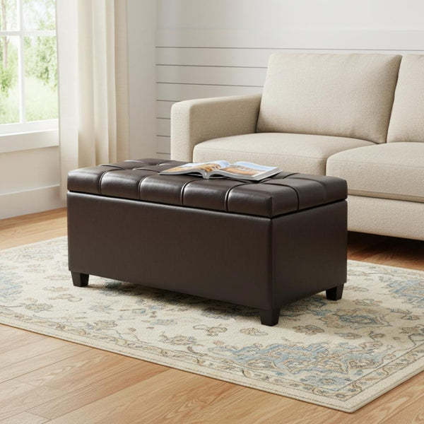 HomeRoots 33" Upholstered Storage Ottoman with Espresso and Brown Finish – Stylish, Multi-Functional Seating Solution 640260