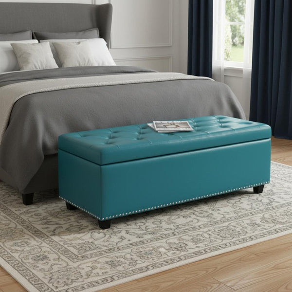 HomeRoots 48" Stylish Dark Brown and Blue Upholstered Storage Ottoman - Versatile Seating & Hidden Storage Solution 640263