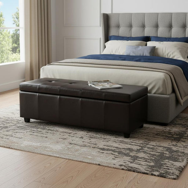 HomeRoots 48" Stylish Dark Brown and Coffee Upholstered Storage Ottoman - Versatile Seating & Hidden Storage Solution 640274