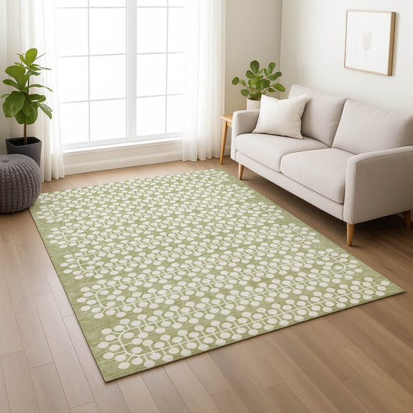 HomeRoots 5' Geometric Artichoke Green & Ivory Washable Area Rug for Indoor/Outdoor Use – Durable, Stylish, Easy Care 640278