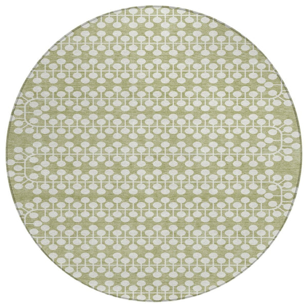 HomeRoots 8' Artichoke Green & Ivory Geometric Round Rug - Stylish, Washable for Indoor/Outdoor Spaces! 640279