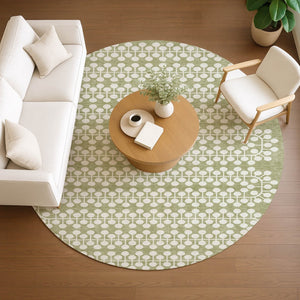 HomeRoots 8' Artichoke Green & Ivory Geometric Round Rug - Stylish, Washable for Indoor/Outdoor Spaces! 640279