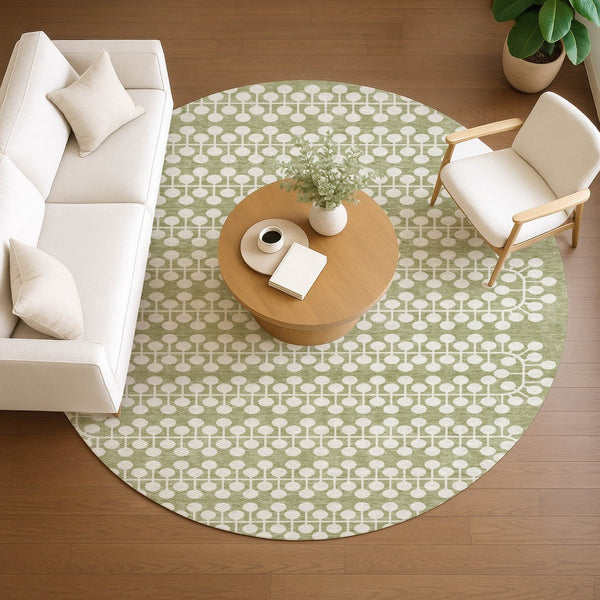 HomeRoots 8' Artichoke Green & Ivory Geometric Round Rug - Stylish, Washable for Indoor/Outdoor Spaces! 640279
