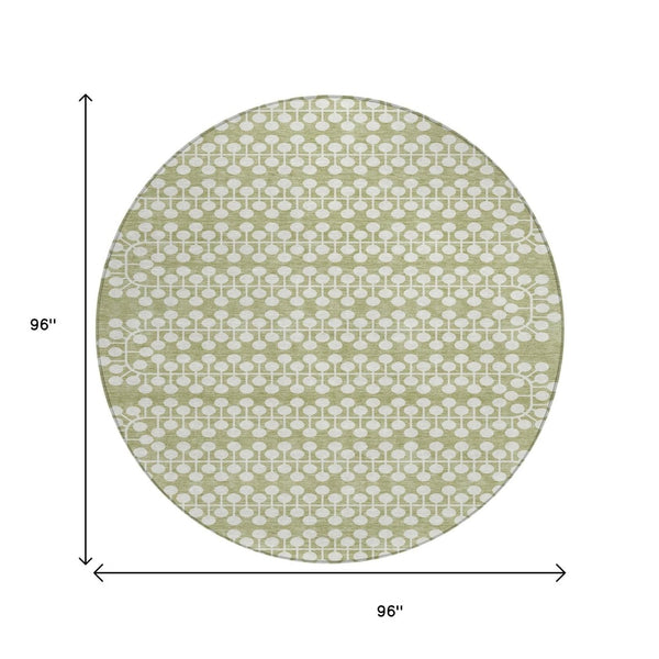 HomeRoots 8' Artichoke Green & Ivory Geometric Round Rug - Stylish, Washable for Indoor/Outdoor Spaces! 640279