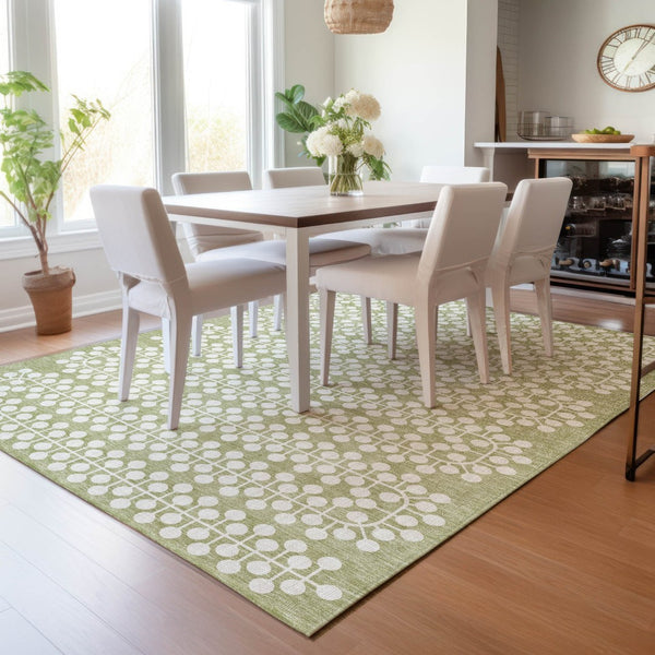 HomeRoots 9' X 12' Artichoke Green Geometric Washable Area Rug for Indoor & Outdoor Spaces - Easy Care! 640281