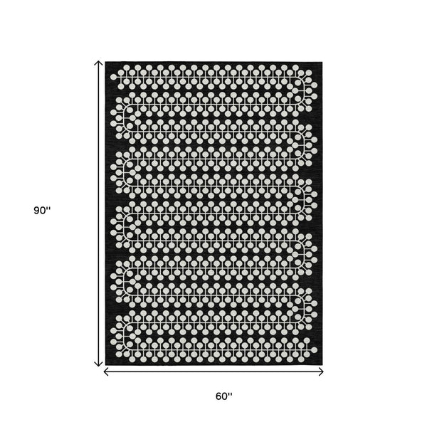 HomeRoots 5' Black and Ivory Geometric Area Rug – Stylish, Durable, Washable for Indoor & Outdoor Use! 640290