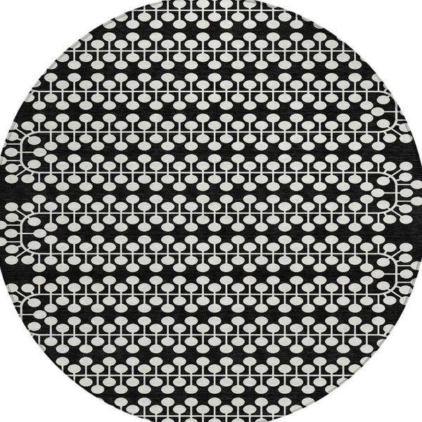 HomeRoots 8' Black And Ivory Geometric Round Area Rug – Durable, Washable Design for Indoor/Outdoor Spaces 640291