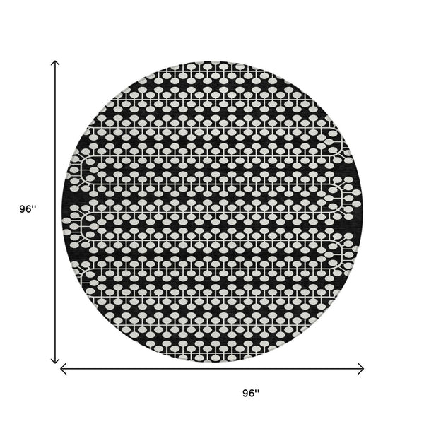 HomeRoots 8' Black And Ivory Geometric Round Area Rug – Durable, Washable Design for Indoor/Outdoor Spaces 640291