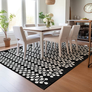 HomeRoots 8' X 10' Black And Ivory Geometric Area Rug - Durable, Washable, Stylish for Indoor & Outdoor Use 640292