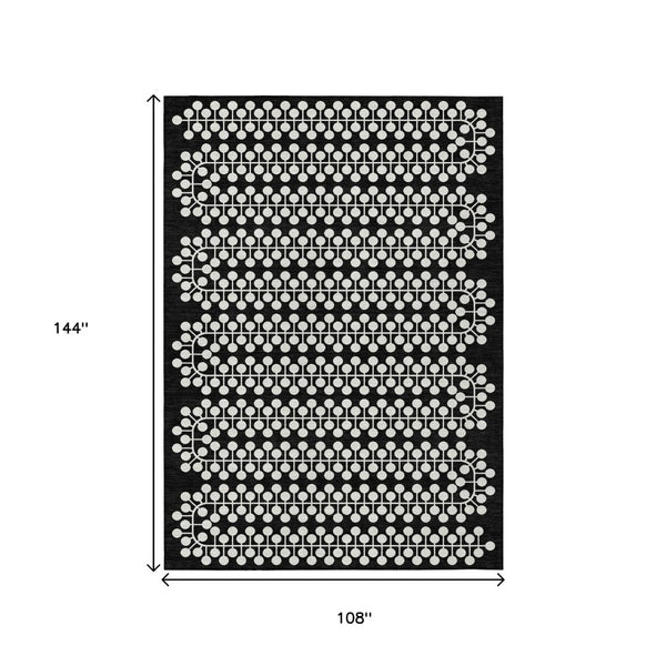 HomeRoots 9' X 12' Black and Ivory Geometric Indoor Outdoor Area Rug - Washable, Durable, Stylish for Homes 640293