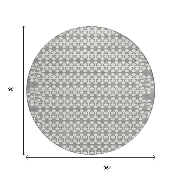HomeRoots 8' Gray and Ivory Round Geometric Washable Area Rug for Indoor and Outdoor Use - Stylish & Durable! 640309