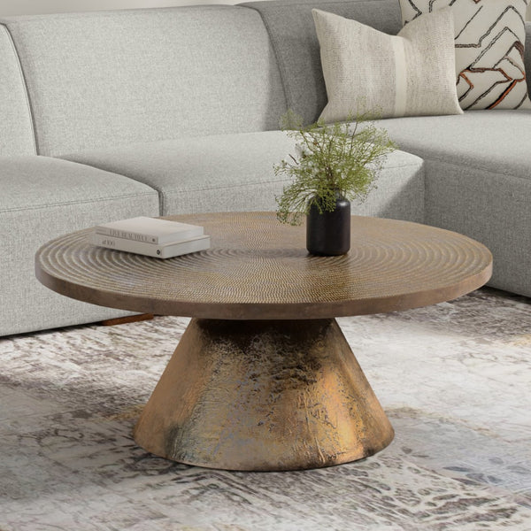 HomeRoots 36" Brass Aluminum Round Coffee Table - Modern Design, Durable, Versatile for Living Spaces & Offices 640314