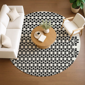 HomeRoots 8' Stylish Ivory and Black Round Geometric Washable Area Rug for Indoor and Outdoor Use, Durable 640317
