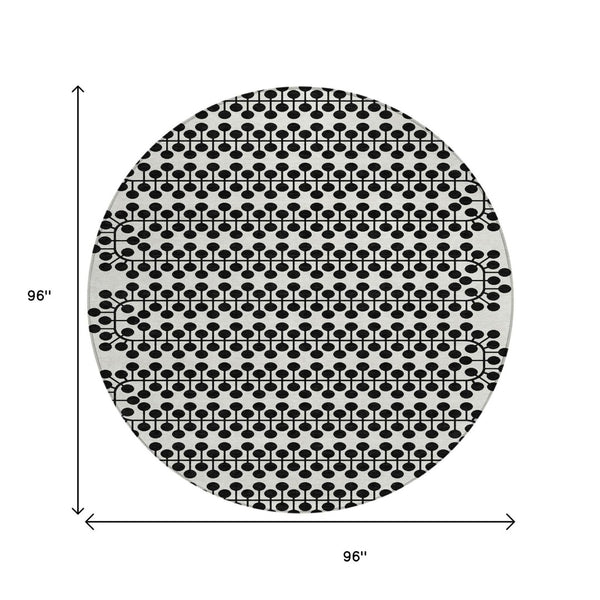 HomeRoots 8' Stylish Ivory and Black Round Geometric Washable Area Rug for Indoor and Outdoor Use, Durable 640317