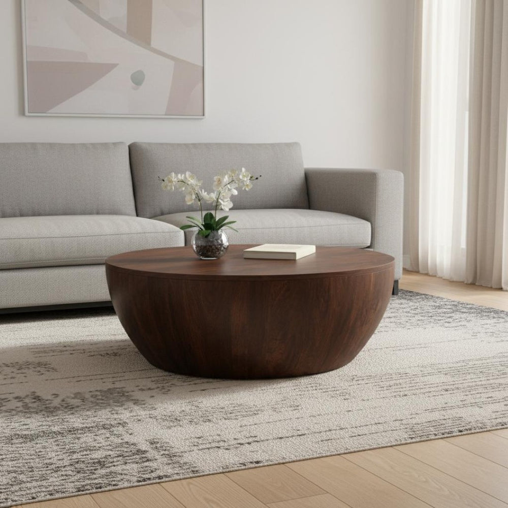 HomeRoots 34" Brown Solid Wood Round Coffee Table - Modern, Durable Design for Living Room & Bedroom Use 640328