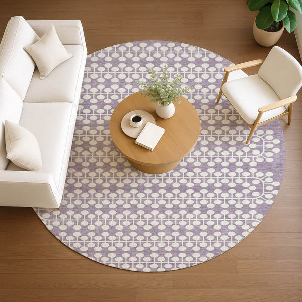 HomeRoots 8' Stylish Lavender and Ivory Round Geometric Rug – Washable, Durable for Indoor or Outdoor Use 640329