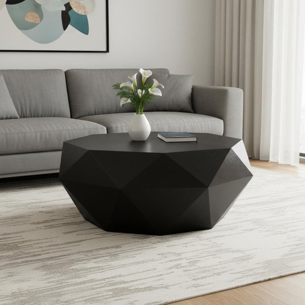 HomeRoots 35" Black Solid Acacia Wood Free Form Coffee Table - Modern Sculptural Design for Any Space 640334