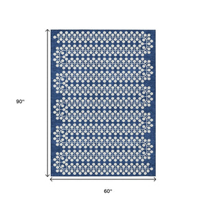 HomeRoots 5' X 8' Navy Blue & Ivory Geometric Area Rug - Stylish, Washable, Durable for Indoor & Outdoor Use 640338
