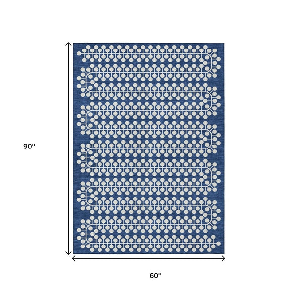 HomeRoots 5' X 8' Navy Blue & Ivory Geometric Area Rug - Stylish, Washable, Durable for Indoor & Outdoor Use 640338