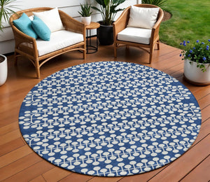 HomeRoots 8' Navy Blue Geometric Round Rug - Stylish, Durable & Washable for Indoor/Outdoor High-Traffic Areas 640339