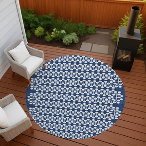 HomeRoots 8' Navy Blue Geometric Round Rug - Stylish, Durable & Washable for Indoor/Outdoor High-Traffic Areas 640339