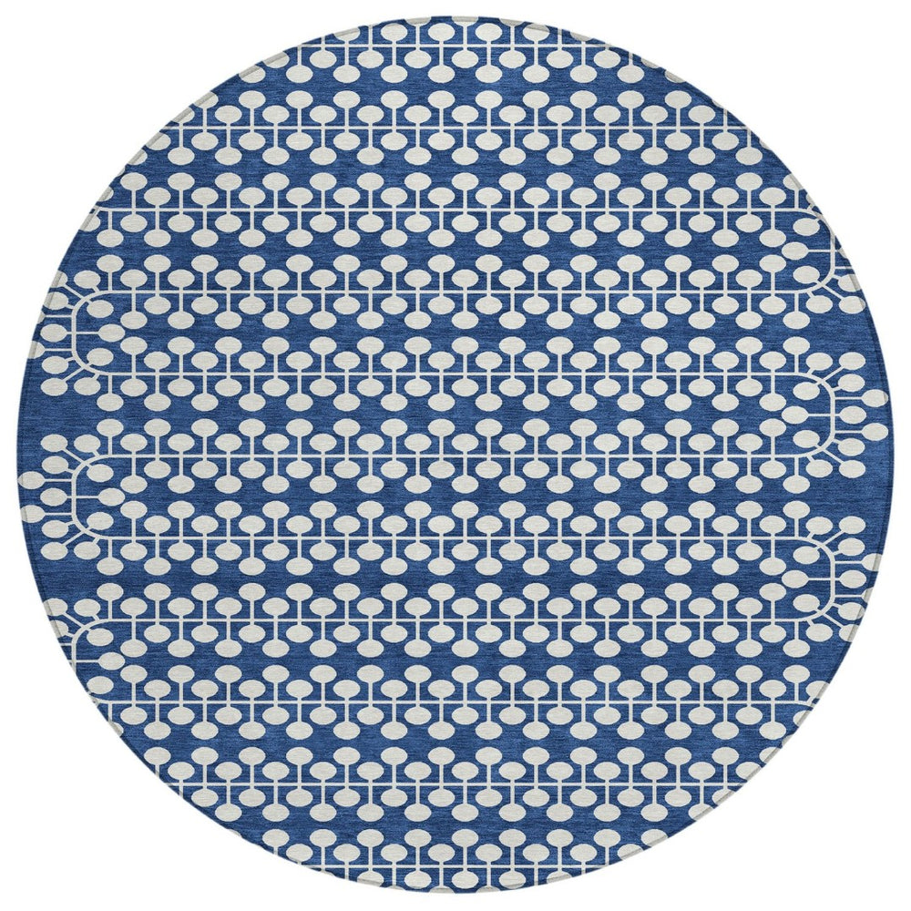 HomeRoots 8' Navy Blue Geometric Round Rug - Stylish, Durable & Washable for Indoor/Outdoor High-Traffic Areas 640339