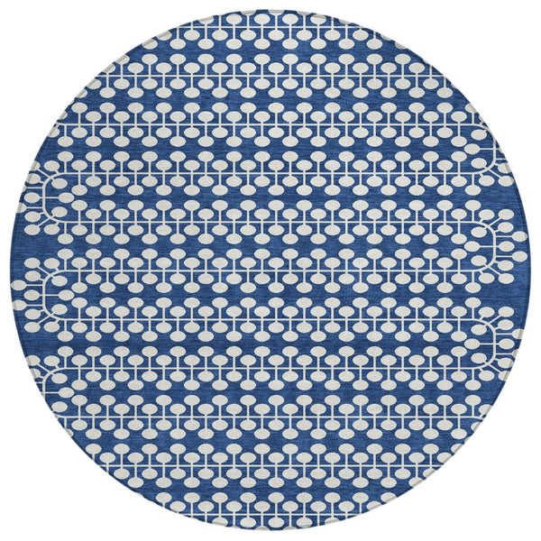 HomeRoots 8' Navy Blue Geometric Round Rug - Stylish, Durable & Washable for Indoor/Outdoor High-Traffic Areas 640339