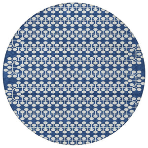 HomeRoots 8' Navy Blue Geometric Round Rug - Stylish, Durable & Washable for Indoor/Outdoor High-Traffic Areas 640339