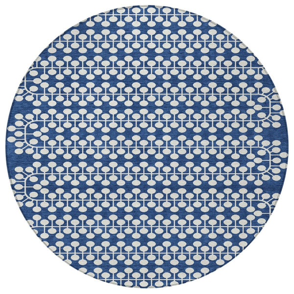 HomeRoots 8' Navy Blue Geometric Round Rug - Stylish, Durable & Washable for Indoor/Outdoor High-Traffic Areas 640339