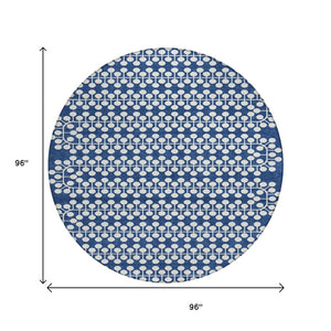 HomeRoots 8' Navy Blue Geometric Round Rug - Stylish, Durable & Washable for Indoor/Outdoor High-Traffic Areas 640339