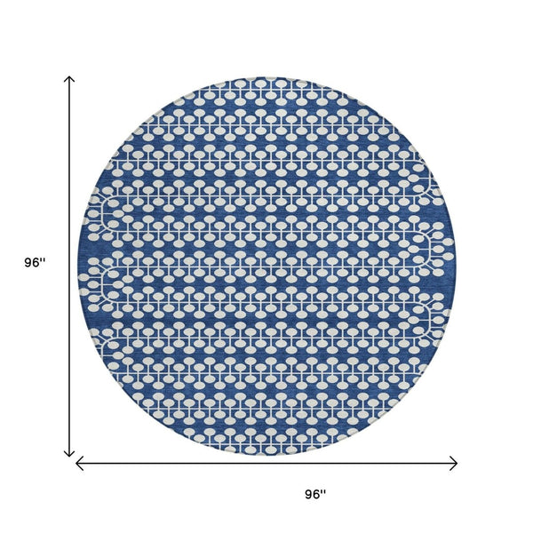 HomeRoots 8' Navy Blue Geometric Round Rug - Stylish, Durable & Washable for Indoor/Outdoor High-Traffic Areas 640339
