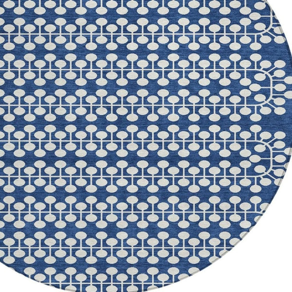 HomeRoots 8' Navy Blue Geometric Round Rug - Stylish, Durable & Washable for Indoor/Outdoor High-Traffic Areas 640339