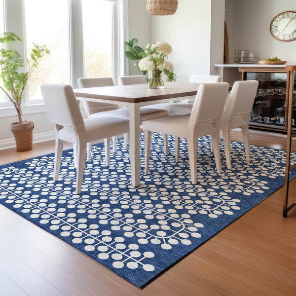 HomeRoots 8' X 10' Stylish Navy and Ivory Geometric Indoor Outdoor Rug – Durable, Washable, and Versatile Design! 640340