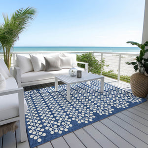 HomeRoots 8' X 10' Stylish Navy and Ivory Geometric Indoor Outdoor Rug – Durable, Washable, and Versatile Design! 640340