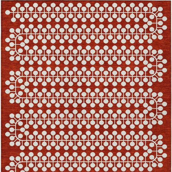 HomeRoots 5' Stylish Red and Ivory Geometric Washable Indoor-Outdoor Area Rug for Versatile Home Décor 640344