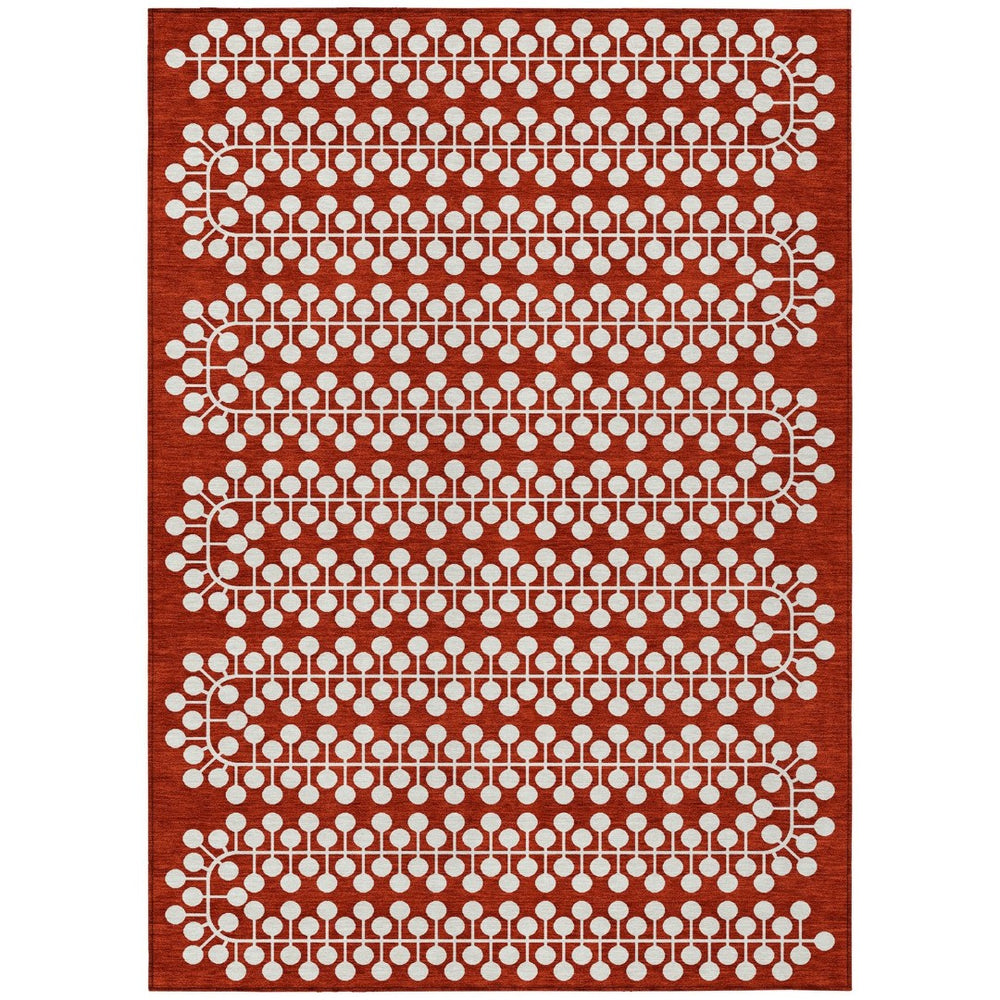 HomeRoots 5' Stylish Red and Ivory Geometric Washable Indoor-Outdoor Area Rug for Versatile Home Décor 640344