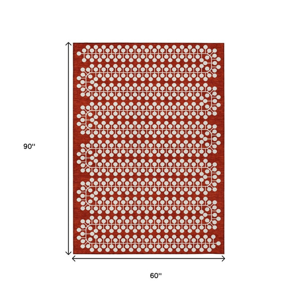 HomeRoots 5' Stylish Red and Ivory Geometric Washable Indoor-Outdoor Area Rug for Versatile Home Décor 640344